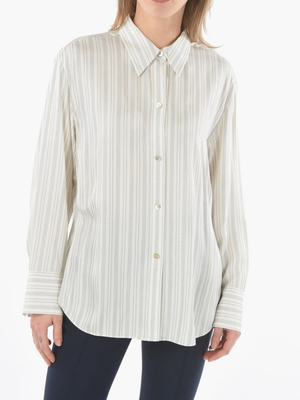 Vince. Silk-Blend Stripe Sculpted Long Sleeve Shirt Off-White
Size S